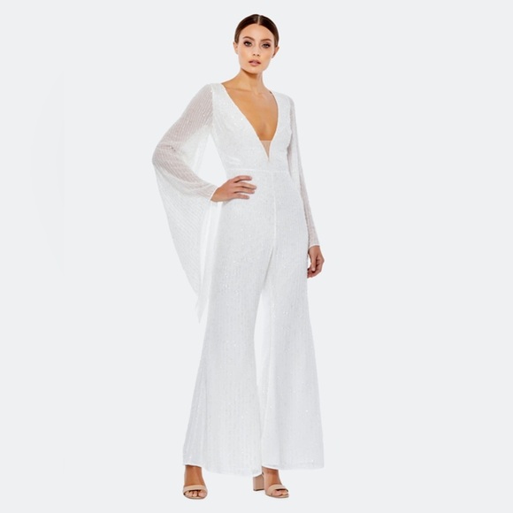 Mac Duggal Pants - NWT $498 Mac Duggal Long Sleeve Sequin Chiffon Jumpsuit white bridal‎ beaded